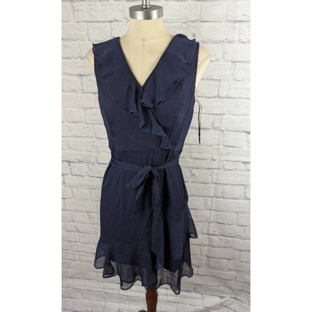 DKNY Sleeveless Ruffle Faux Wrap Dress Navy Women's Size 4 Mini *Flaw*
